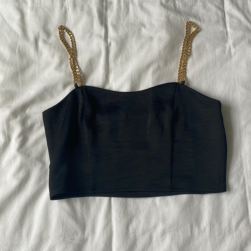 Express crop top with gold detailed straps, worn once, size XS, black